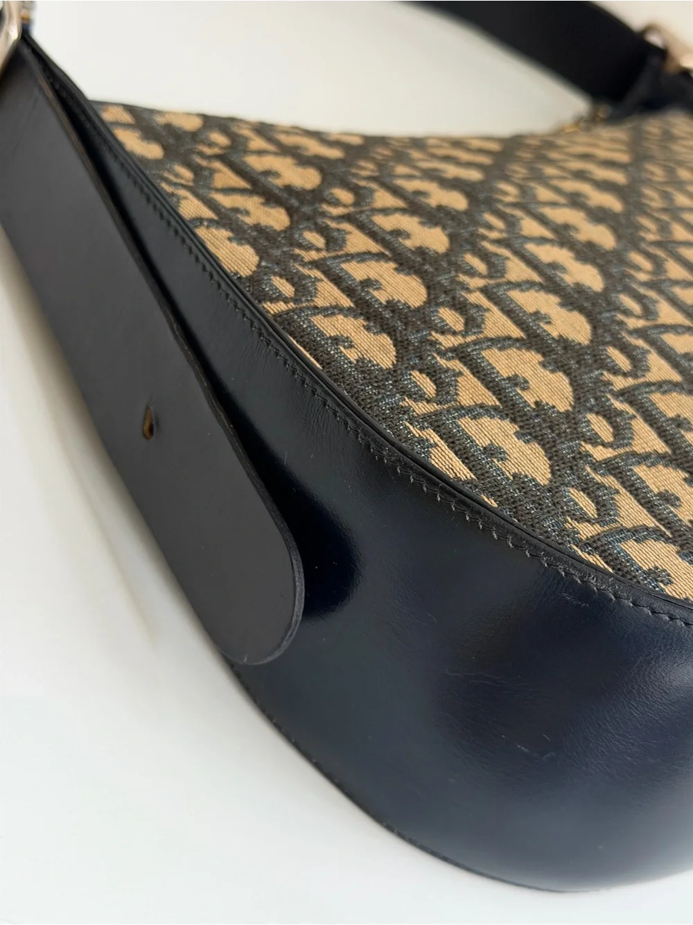 Authentic Christian DIOR Trotter Canvas Oblique Navy Leather Hobo Bag